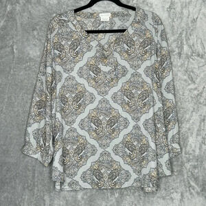 Van Heusen XXL 2X Shirt Top Gray Paisley 3/4 Sleeve V Neck Casual Womens